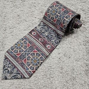 Van Heusen 417 Mens Silk Tie Navy Blue Burgundy Gold Geometric Scroll RN13388